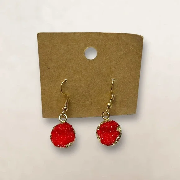 Druzy Red Drop Dangle Earrings Gold-Plated Alloy and Resin NWOT - Picture 4 of 6